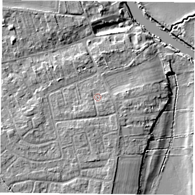 Shaded relief map of the ground around YO232SH, computed from Environment Agency LiDAR. The ground here sits at about 10 m above sea level and falls 6 m across the surrounding 800 m. Surface water reaching this point runs off ground lying to the east-south-east, 1.2 m higher.