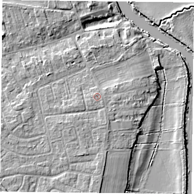 Shaded relief map of the ground around YO232SJ, computed from Environment Agency LiDAR. The ground here sits at about 11 m above sea level and falls 6 m across the surrounding 800 m. The ground contributing surface water to this point lies to the north-west.