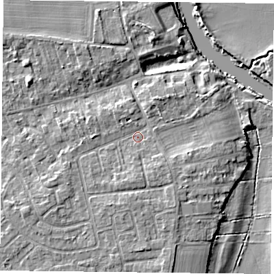 Shaded relief map of the ground around YO232SL, computed from Environment Agency LiDAR. The ground here sits at about 10 m above sea level and falls 6 m across the surrounding 800 m. Surface water reaching this point runs off ground lying to the south-south-east, 2.8 m higher.