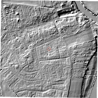 Shaded relief map of the ground around YO232SN, computed from Environment Agency LiDAR. The ground here sits at about 10 m above sea level and falls 6 m across the surrounding 800 m. Surface water reaching this point runs off ground lying to the south-east, 1.2 m higher.
