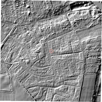 Shaded relief map of the ground around YO232SP, computed from Environment Agency LiDAR. The ground here sits at about 10 m above sea level and falls 6 m across the surrounding 800 m. Surface water reaching this point runs off ground lying to the east-south-east, 1.2 m higher.