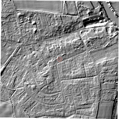Shaded relief map of the ground around YO232SS, computed from Environment Agency LiDAR. The ground here sits at about 10 m above sea level and falls 7 m across the surrounding 800 m. Surface water reaching this point runs off ground lying to the south-east, 1.6 m higher.