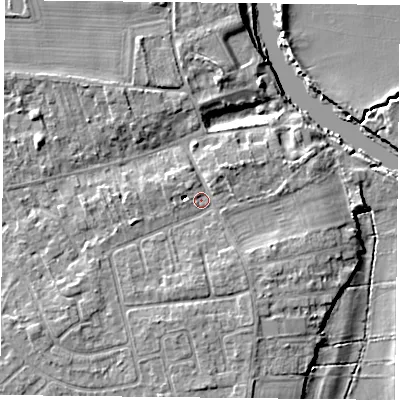 Shaded relief map of the ground around YO232ST, computed from Environment Agency LiDAR. The ground here sits at about 10 m above sea level and falls 6 m across the surrounding 800 m. Surface water reaching this point runs off ground lying to the south-south-east, 2.8 m higher.