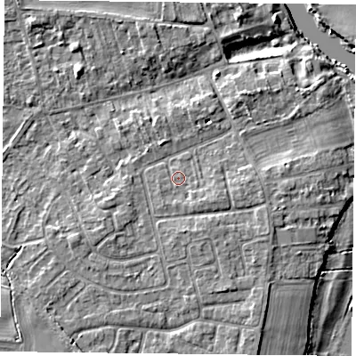 Shaded relief map of the ground around YO232SW, computed from Environment Agency LiDAR. The ground here sits at about 10 m above sea level and falls 6 m across the surrounding 800 m. Surface water reaching this point runs off ground lying to the south-east, 1.2 m higher.