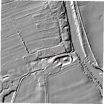 Shaded relief map of the ground around YO232TR, computed from Environment Agency LiDAR. The ground here sits at about 9 m above sea level and falls 5 m across the surrounding 800 m. Surface water reaching this point runs off ground lying to the west, 0.9 m higher.