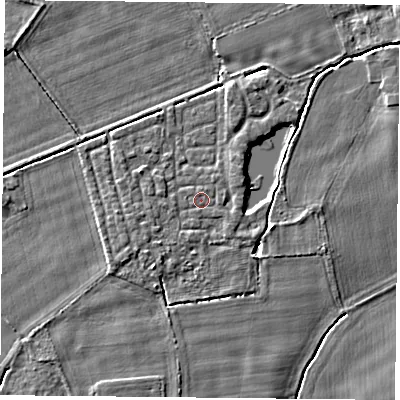 Shaded relief map of the ground around YO232TT, computed from Environment Agency LiDAR. The ground here sits at about 10 m above sea level and falls 3 m across the surrounding 800 m. Surface water reaching this point runs off ground lying to the east-north-east, 1.2 m higher.