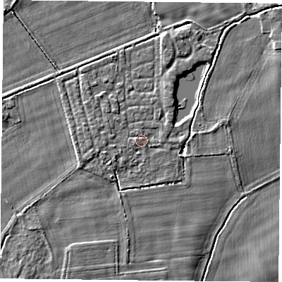 Shaded relief map of the ground around YO232TU, computed from Environment Agency LiDAR. The ground here sits at about 10 m above sea level and falls 3 m across the surrounding 800 m. Surface water reaching this point runs off ground lying to the west, 0.8 m higher.