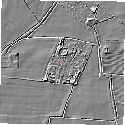 Shaded relief map of the ground around YO232TW, computed from Environment Agency LiDAR. The ground here sits at about 9 m above sea level and falls 5 m across the surrounding 800 m. Surface water reaching this point runs off ground lying to the north-north-east, 2.6 m higher.