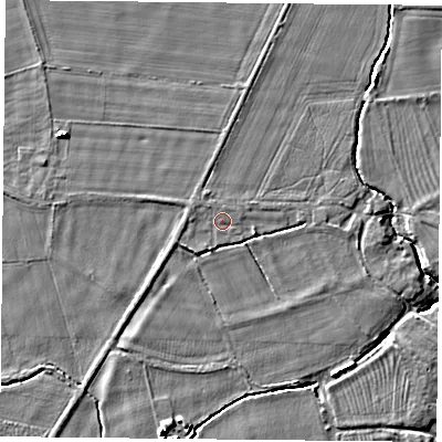 Shaded relief map of the ground around YO232TX, computed from Environment Agency LiDAR. The ground here sits at about 10 m above sea level and falls 5 m across the surrounding 800 m. Surface water reaching this point runs off ground lying to the south-west, 0.9 m higher.