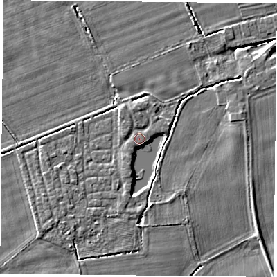 Shaded relief map of the ground around YO232TY, computed from Environment Agency LiDAR. The ground here sits at about 10 m above sea level and falls 4 m across the surrounding 800 m. Surface water reaching this point runs off ground lying to the south-south-west, 2.2 m higher.