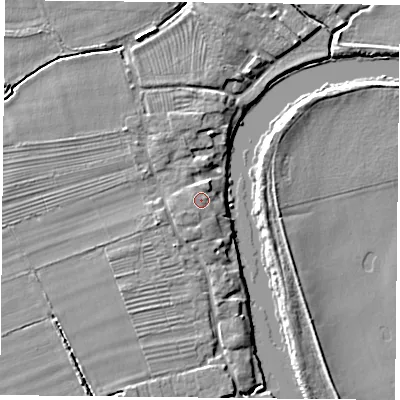 Shaded relief map of the ground around YO232TZ, computed from Environment Agency LiDAR. The ground here sits at about 10 m above sea level and falls 7 m across the surrounding 800 m. Surface water reaching this point runs off ground lying to the south-west, 0.8 m higher.