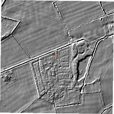 Shaded relief map of the ground around YO232UA, computed from Environment Agency LiDAR. The ground here sits at about 9 m above sea level and falls 3 m across the surrounding 800 m. Surface water reaching this point runs off ground lying to the south-west, 1.2 m higher.
