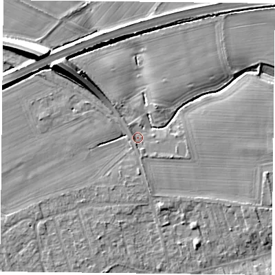 Shaded relief map of the ground around YO232UE, computed from Environment Agency LiDAR. The ground here sits at about 10 m above sea level and falls 12 m across the surrounding 800 m. Surface water reaching this point runs off ground lying to the south-south-east, 1.2 m higher.
