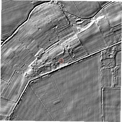Shaded relief map of the ground around YO232UF, computed from Environment Agency LiDAR. The ground here sits at about 10 m above sea level and falls 4 m across the surrounding 800 m. Surface water reaching this point runs off ground lying to the north-east, 1.2 m higher.