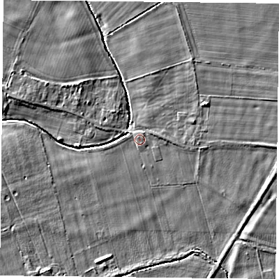 Shaded relief map of the ground around YO232UG, computed from Environment Agency LiDAR. The ground here sits at about 10 m above sea level and falls 4 m across the surrounding 800 m. Surface water reaching this point runs off ground lying to the east, 0.9 m higher.