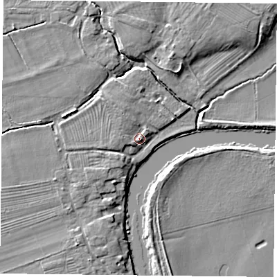 Shaded relief map of the ground around YO232UH, computed from Environment Agency LiDAR. The ground here sits at about 8 m above sea level and falls 7 m across the surrounding 800 m. Surface water reaching this point runs off ground lying to the west, 1.8 m higher.