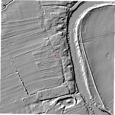 Shaded relief map of the ground around YO232UJ, computed from Environment Agency LiDAR. The ground here sits at about 9 m above sea level and falls 6 m across the surrounding 800 m. Surface water reaching this point runs off ground lying to the north-west, 1.5 m higher.