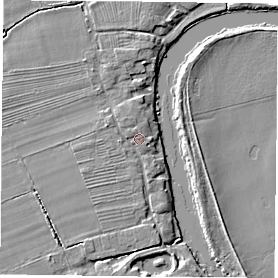 Shaded relief map of the ground around YO232UL, computed from Environment Agency LiDAR. The ground here sits at about 9 m above sea level and falls 6 m across the surrounding 800 m. Surface water reaching this point runs off ground lying to the north-west, 0.7 m higher.