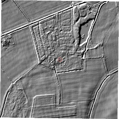 Shaded relief map of the ground around YO232UP, computed from Environment Agency LiDAR. The ground here sits at about 10 m above sea level and falls 3 m across the surrounding 800 m. The ground contributing surface water to this point lies to the north-west.