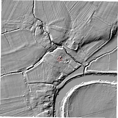 Shaded relief map of the ground around YO232UQ, computed from Environment Agency LiDAR. The ground here sits at about 9 m above sea level and falls 7 m across the surrounding 800 m. Surface water reaching this point runs off ground lying to the west-north-west, 0.7 m higher.