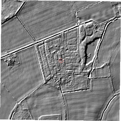 Shaded relief map of the ground around YO232US, computed from Environment Agency LiDAR. The ground here sits at about 10 m above sea level and falls 3 m across the surrounding 800 m. The ground contributing surface water to this point lies to the north-north-west.
