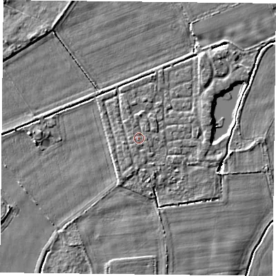 Shaded relief map of the ground around YO232UT, computed from Environment Agency LiDAR. The ground here sits at about 10 m above sea level and falls 3 m across the surrounding 800 m. The ground contributing surface water to this point lies to the south-south-west.