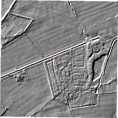 Shaded relief map of the ground around YO232UU, computed from Environment Agency LiDAR. The ground here sits at about 10 m above sea level and falls 3 m across the surrounding 800 m. The ground contributing surface water to this point lies to the south-west.