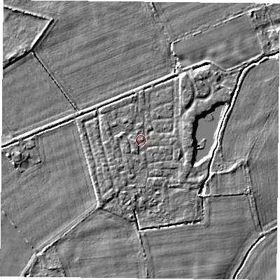 Shaded relief map of the ground around YO232UW, computed from Environment Agency LiDAR. The ground here sits at about 10 m above sea level and falls 3 m across the surrounding 800 m. Surface water reaching this point runs off ground lying to the south-south-west, 0.8 m higher.