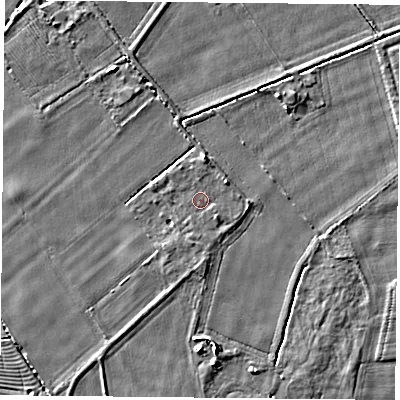 Shaded relief map of the ground around YO232UY, computed from Environment Agency LiDAR. The ground here sits at about 9 m above sea level and falls 3 m across the surrounding 800 m. Surface water reaching this point runs off ground lying to the north, 1.8 m higher.