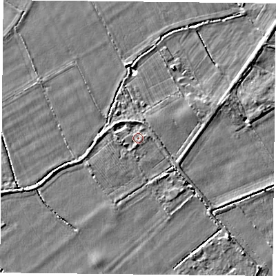 Shaded relief map of the ground around YO232UZ, computed from Environment Agency LiDAR. The ground here sits at about 10 m above sea level and falls 4 m across the surrounding 800 m. Surface water reaching this point runs off ground lying to the west-north-west, 0.6 m higher.