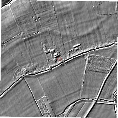 Shaded relief map of the ground around YO232XA, computed from Environment Agency LiDAR. The ground here sits at about 10 m above sea level and falls 6 m across the surrounding 800 m. Surface water reaching this point runs off ground lying to the north-west, 3.5 m higher.