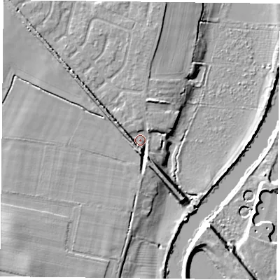 Shaded relief map of the ground around YO232XB, computed from Environment Agency LiDAR. The ground here sits at about 10 m above sea level and falls 8 m across the surrounding 800 m. Surface water reaching this point runs off ground lying to the west-north-west, 5.7 m higher.