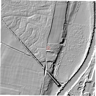Shaded relief map of the ground around YO232XD, computed from Environment Agency LiDAR. The ground here sits at about 10 m above sea level and falls 8 m across the surrounding 800 m. The ground contributing surface water to this point lies to the west-south-west.