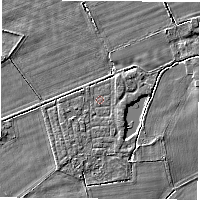 Shaded relief map of the ground around YO232XE, computed from Environment Agency LiDAR. The ground here sits at about 9 m above sea level and falls 3 m across the surrounding 800 m. Surface water reaching this point runs off ground lying to the south-west, 1.2 m higher.