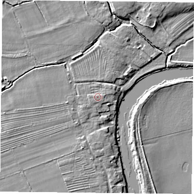 Shaded relief map of the ground around YO232YZ, computed from Environment Agency LiDAR. The ground here sits at about 10 m above sea level and falls 7 m across the surrounding 800 m. Surface water reaching this point runs off ground lying to the east, 0.8 m higher.