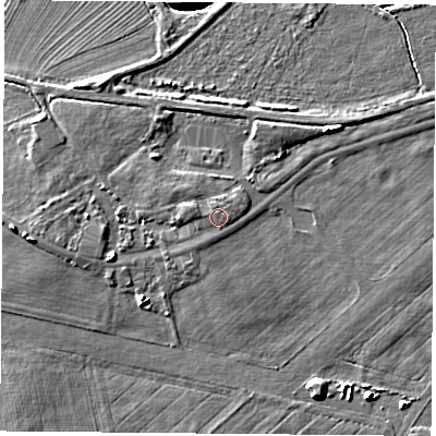 Shaded relief map of the ground around YO233QA, computed from Environment Agency LiDAR. The ground here sits at about 18 m above sea level and falls 7 m across the surrounding 800 m. Surface water reaching this point runs off ground lying to the west, 0.9 m higher.