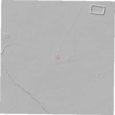Shaded relief map of the ground around YO233RA, computed from Environment Agency LiDAR. The ground here sits at about 19 m above sea level and falls 5 m across the surrounding 800 m. Surface water reaching this point runs off ground lying to the east, 0.6 m higher.