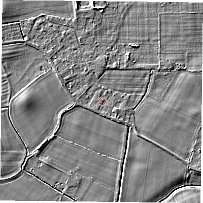 Shaded relief map of the ground around YO233TD, computed from Environment Agency LiDAR. The ground here sits at about 10 m above sea level and falls 5 m across the surrounding 800 m. Surface water reaching this point runs off ground lying to the east-south-east, 1.4 m higher.