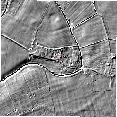 Shaded relief map of the ground around YO233TE, computed from Environment Agency LiDAR. The ground here sits at about 10 m above sea level and falls 4 m across the surrounding 800 m. Surface water reaching this point runs off ground lying to the north, 1.1 m higher.