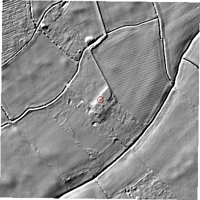 Shaded relief map of the ground around YO233TN, computed from Environment Agency LiDAR. The ground here sits at about 10 m above sea level and falls 5 m across the surrounding 800 m. Surface water reaching this point runs off ground lying to the south, 0.6 m higher.