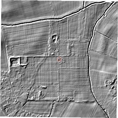 Shaded relief map of the ground around YO233TQ, computed from Environment Agency LiDAR. The ground here sits at about 10 m above sea level and falls 4 m across the surrounding 800 m. The ground contributing surface water to this point lies to the west-south-west.