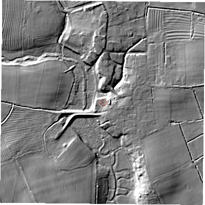 Shaded relief map of the ground around YO237AA, computed from Environment Agency LiDAR. The ground here sits at about 8 m above sea level and falls 9 m across the surrounding 800 m. Surface water reaching this point runs off ground lying to the east, 3.0 m higher.