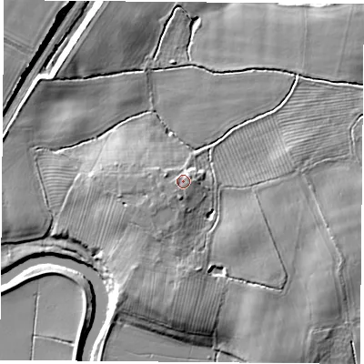 Shaded relief map of the ground around YO237AB, computed from Environment Agency LiDAR. The ground here sits at about 14 m above sea level and falls 13 m across the surrounding 800 m. Surface water reaching this point runs off ground lying to the south-west, 2.5 m higher.