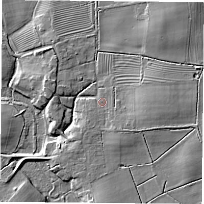 Shaded relief map of the ground around YO237AD, computed from Environment Agency LiDAR. The ground here sits at about 10 m above sea level and falls 10 m across the surrounding 800 m. Surface water reaching this point runs off ground lying to the east, 3.8 m higher.