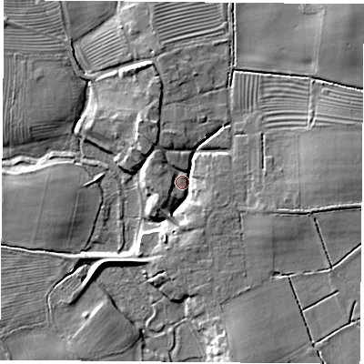 Shaded relief map of the ground around YO237AE, computed from Environment Agency LiDAR. The ground here sits at about 8 m above sea level and falls 9 m across the surrounding 800 m. Surface water reaching this point runs off ground lying to the north-east, 8.2 m higher.