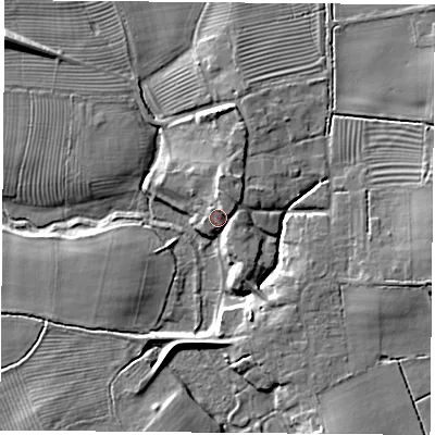Shaded relief map of the ground around YO237AF, computed from Environment Agency LiDAR. The ground here sits at about 9 m above sea level and falls 10 m across the surrounding 800 m. Surface water reaching this point runs off ground lying to the north-north-east, 5.0 m higher.