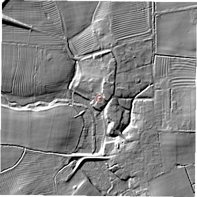 Shaded relief map of the ground around YO237AG, computed from Environment Agency LiDAR. The ground here sits at about 9 m above sea level and falls 11 m across the surrounding 800 m. Surface water reaching this point runs off ground lying to the north-east, 5.0 m higher.