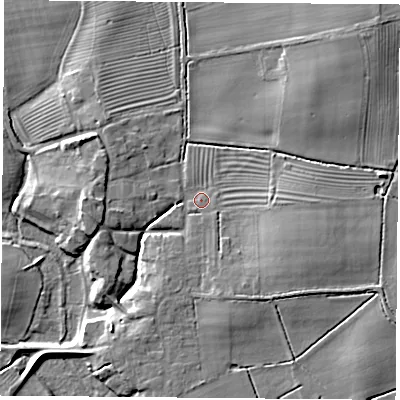 Shaded relief map of the ground around YO237AH, computed from Environment Agency LiDAR. The ground here sits at about 9 m above sea level and falls 11 m across the surrounding 800 m. Surface water reaching this point runs off ground lying to the north-east, 7.0 m higher.