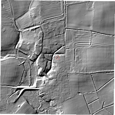 Shaded relief map of the ground around YO237AJ, computed from Environment Agency LiDAR. The ground here sits at about 9 m above sea level and falls 10 m across the surrounding 800 m. Surface water reaching this point runs off ground lying to the south-south-east, 2.4 m higher.