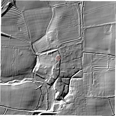 Shaded relief map of the ground around YO237AL, computed from Environment Agency LiDAR. The ground here sits at about 11 m above sea level and falls 9 m across the surrounding 800 m. Surface water reaching this point runs off ground lying to the north-north-east, 1.3 m higher.
